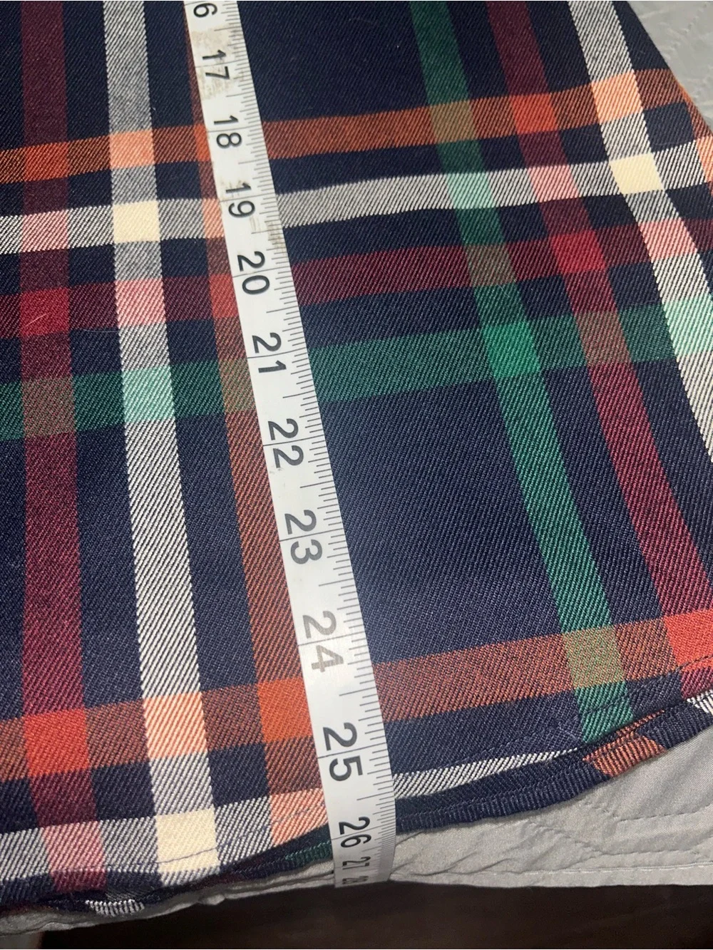 Tuckernuck Navy Plaid Top with Orange, Green, Burgundy and Cream Accents Lg
